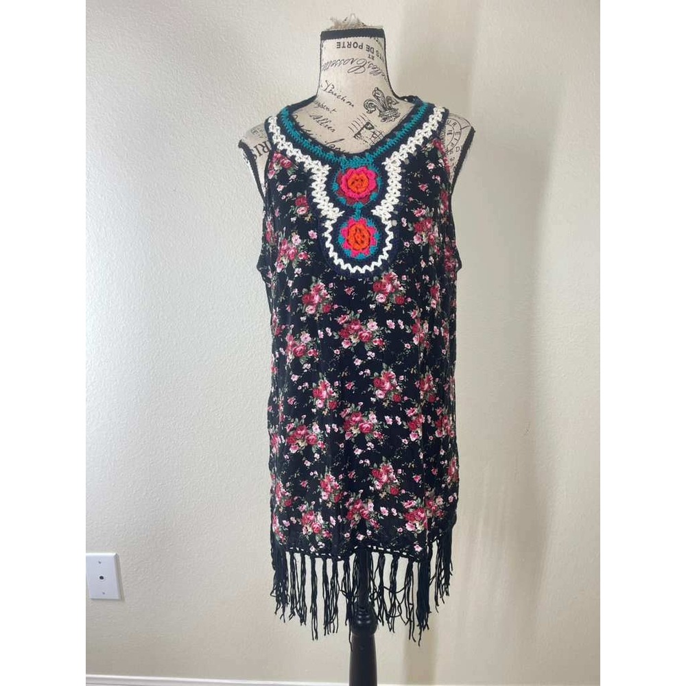 Anandas Collection Black Floral Crochet V-Neck Fringe Tunic Top Mini Dress XL
